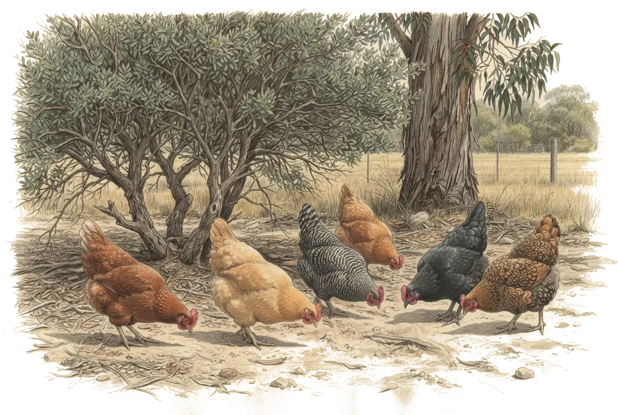 Illustrated plate: a small flock of hens scratching in pale sandy soil in the shade of a tagasaste, a jarrah behind them, hard summer sunlight, a simple wire run beyond