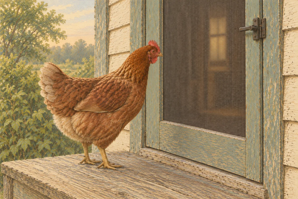 Illustrated plate: a rust-brown hen standing on a bare wooden porch step, seen from the side, looking in through the mesh of a closed screen door toward a dim room beyond
