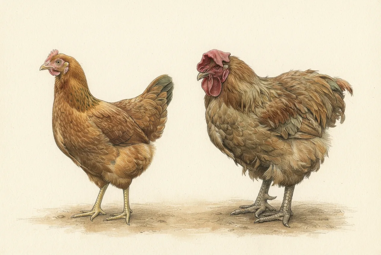 Illustrated plate: two brown hens of the same breed side by side on plain ground, a young pullet with tight glossy plumage and a small pale comb on the left, the same bird years older with a large floppy red comb and looser duller feathering on the right