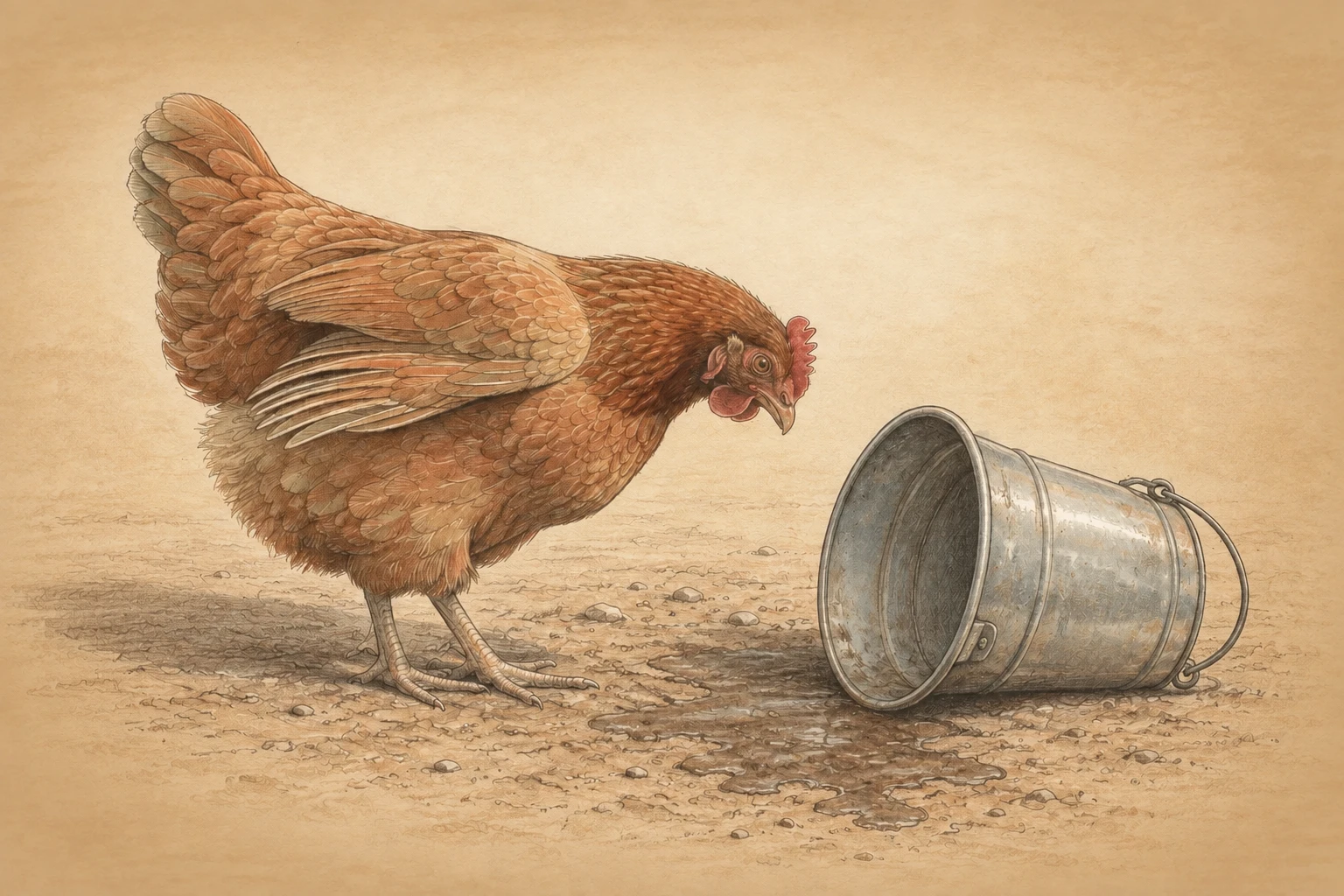 Illustrated plate: a hen standing on dry ground beside a galvanized waterer that has been knocked over and emptied, a damp patch spreading in the dirt, looking down at it