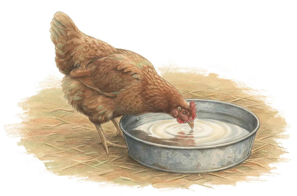 Illustrated plate: a brown hen drinking from a shallow galvanized poultry fount, the water surface catching the light, seen from slightly above