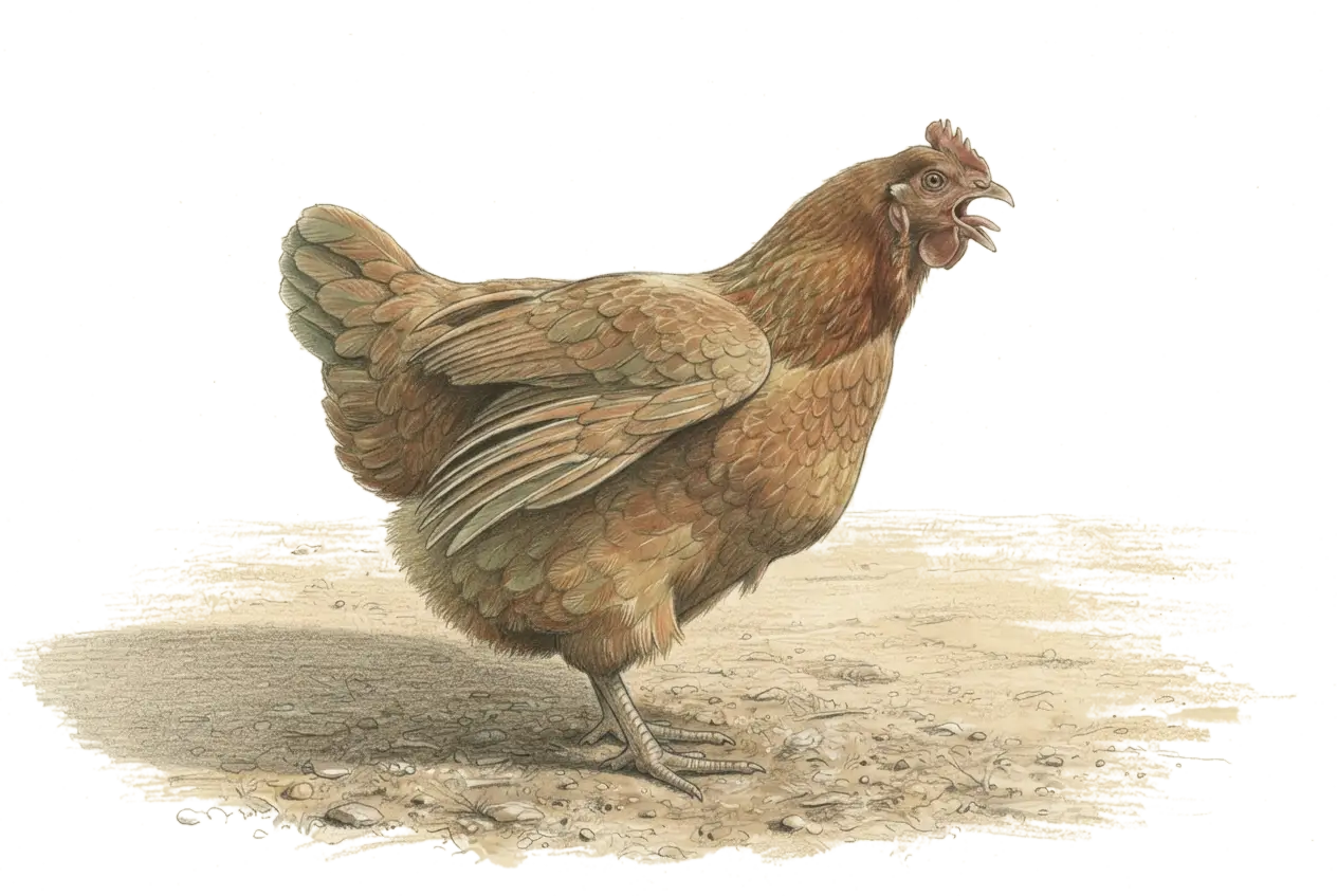 Illustrated plate: a single hen seen from the side on dry sunlit ground, beak open in a pant, wings folded, drawn plainly as a symptom illustration