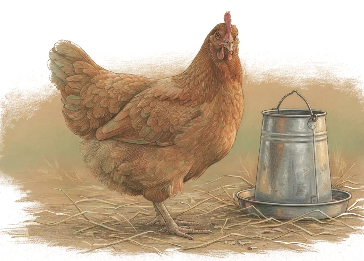 Illustrated plate: a rust-brown hen standing beside a galvanized poultry fount on straw, looking directly at the viewer