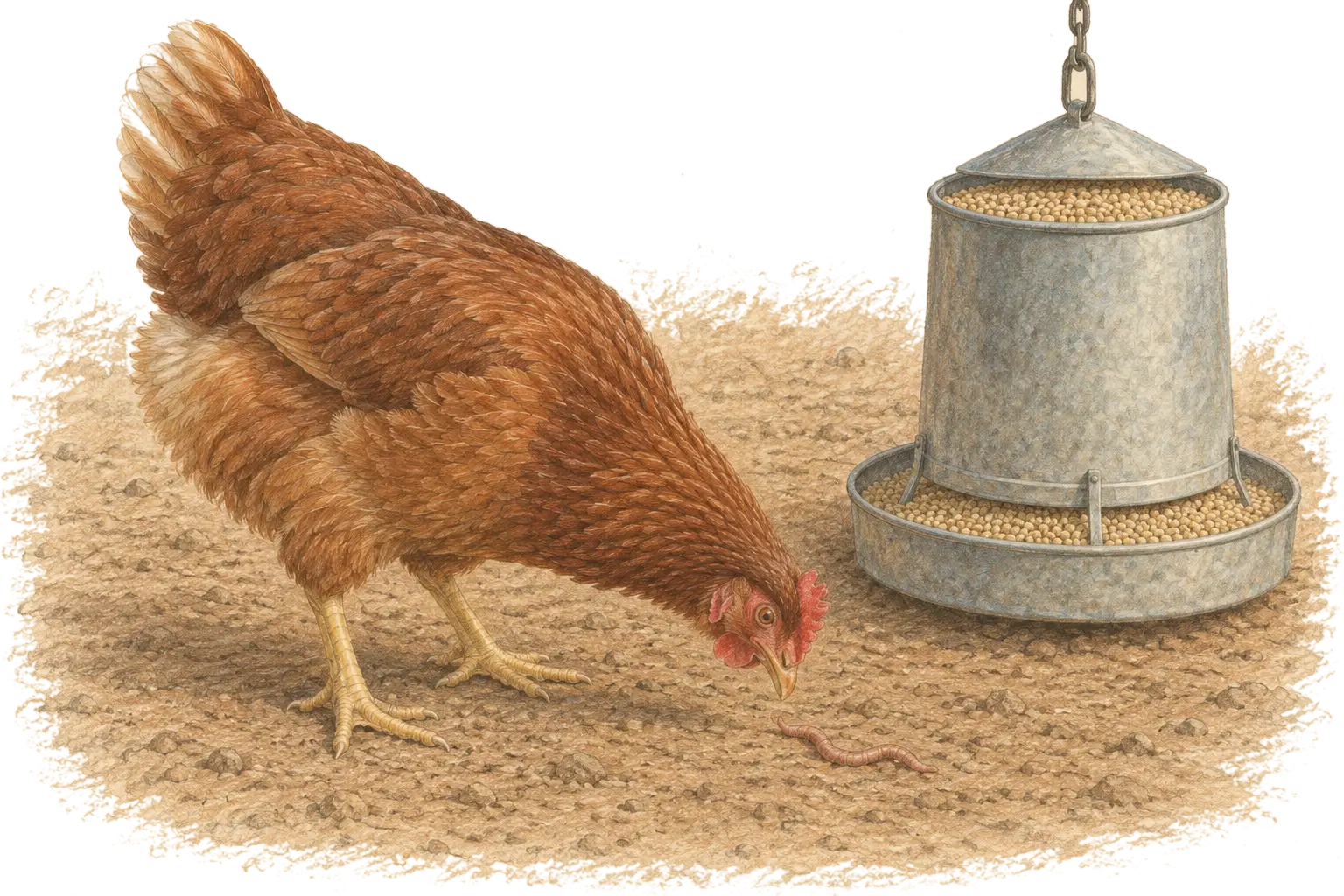Illustrated plate: a brown hen standing on bare dirt beside a hanging feeder full of layer pellets, head down, about to take an earthworm from the soil instead