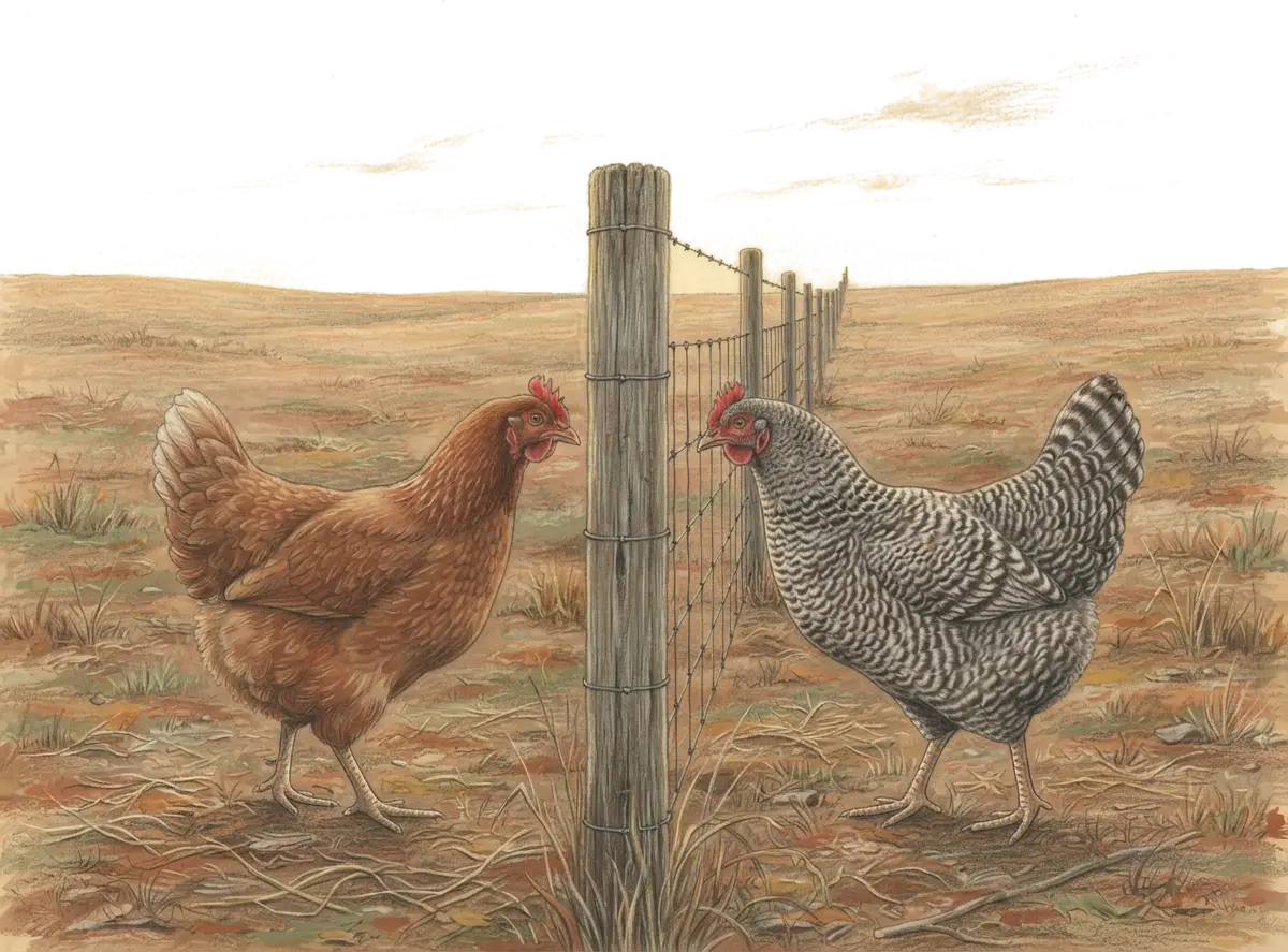 Illustrated plate: a rust-brown hen and a barred grey-and-white hen standing on opposite sides of a wire fence, heads turned toward each other as though in conversation